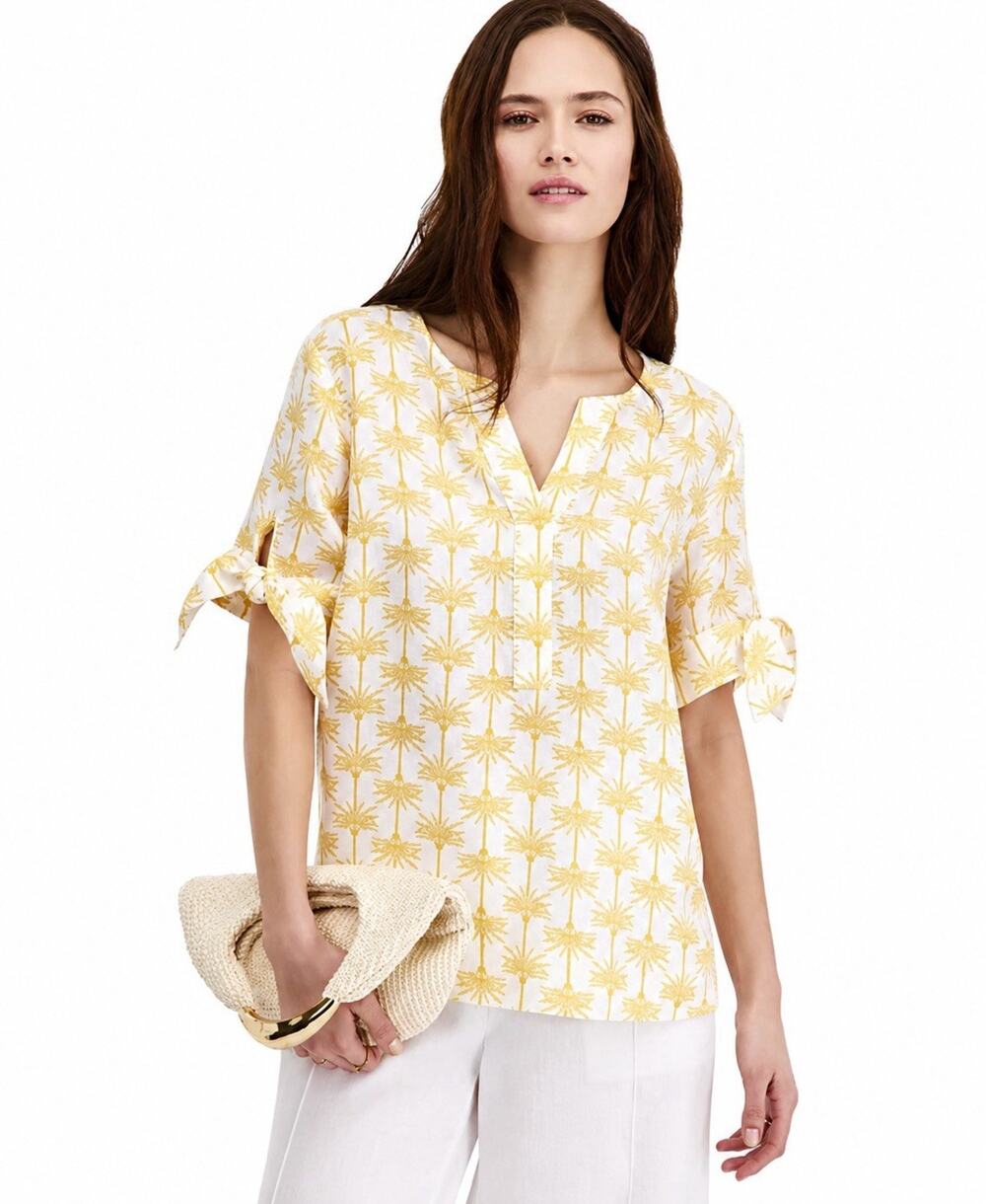 Charter Club Luxury 100% Linen Tie Sleeve Top Palm Print Yellow Women’s S NWT